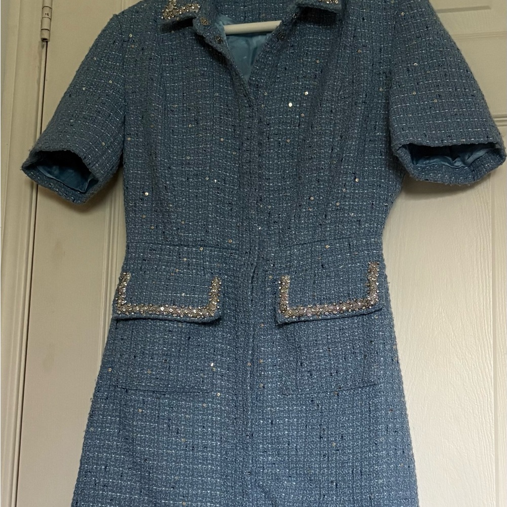 Maje Blue Tweed Dress with Gold Details